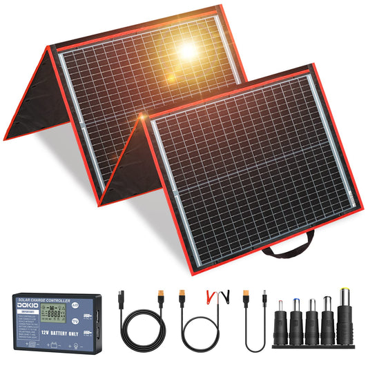 DOKIO Folding Solar Panel 160W Monocrystalline Portable Solar Module Camping Solar System Complete Set (Solar Charge Controller+PV Cable+5 DC Adapter+2 USB Output)