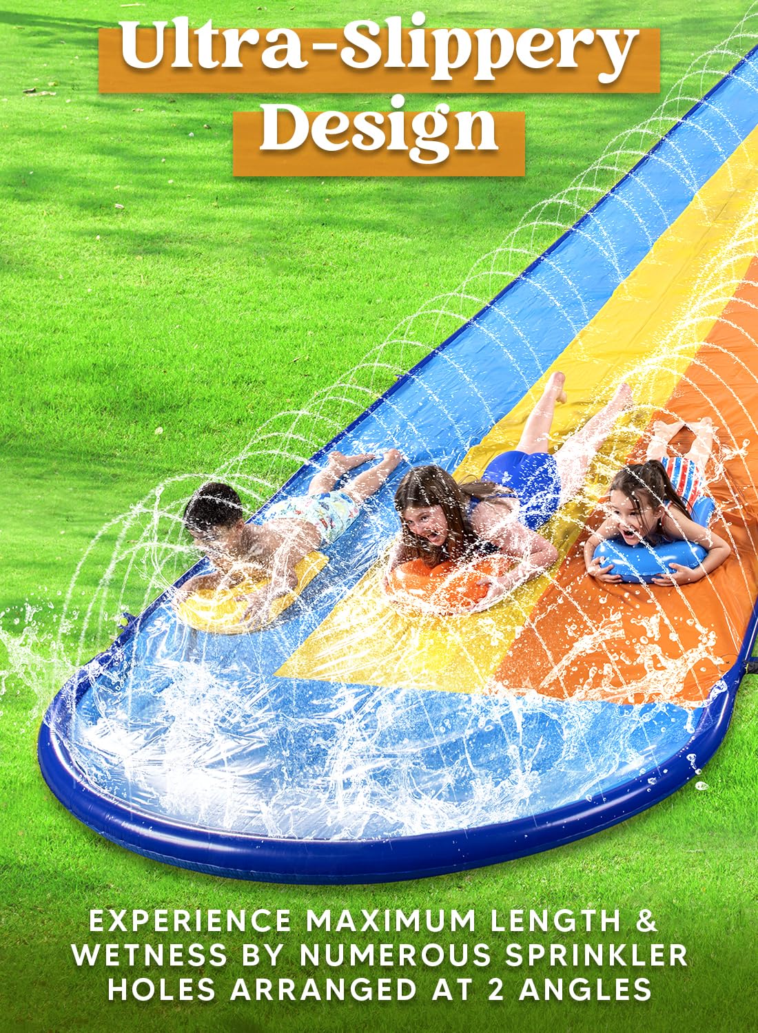 Sloosh 18ft/548cm Triple Lane Slide with 3 Bodyboards, Lawn Water Slide with Sprinkler for Kids and Adults, Outdoor Water Toy for Summer Fun.