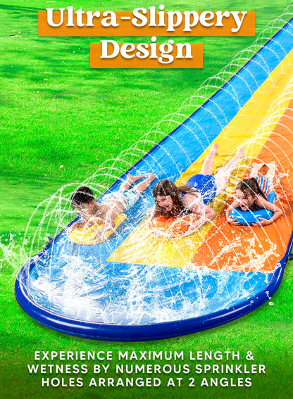 Sloosh 18ft/548cm Triple Lane Slide with 3 Bodyboards, Lawn Water Slide with Sprinkler for Kids and Adults, Outdoor Water Toy for Summer Fun.
