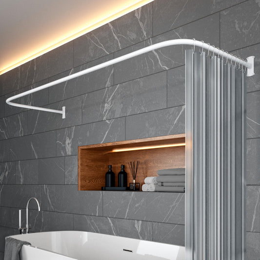 Shower curtain rod L-shape & shower rod U-shape 6 in 1 system incl. 12 rings - Stable corner rod for shower curtain without ceiling mounting - Corner shower rod rustproof - Bathtub & shower curtain rod