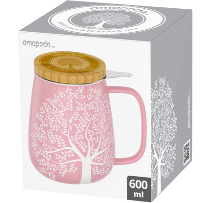amapodo tea cup with lid and infuser - 600ml porcelain tea mug large - jumbo cup - XXL tea cup set pink - plastic-free