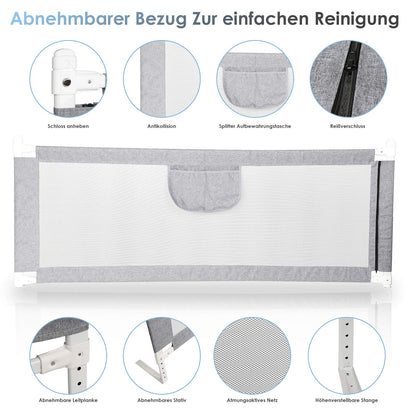 A 180 * 80 cm bed rail guard bed safety rail crib rail for children baby bed rail adjustable height foldable suitable for children's beds, parent beds anti-fall for baby children - Gray