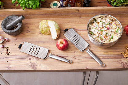 RÖSLE coarse grater, high-quality grater for raw vegetables, potatoes, vegetables or cheese, with silicone base, stainless steel 18/10, including protective cover, 36 x 7.7 x 2 cm, silver-colored