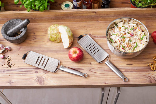 RÖSLE coarse grater, high-quality grater for raw vegetables, potatoes, vegetables or cheese, with silicone base, stainless steel 18/10, including protective cover, 36 x 7.7 x 2 cm, silver-colored