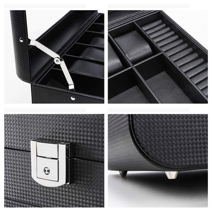Seelux watch box for men with glass lid, lockable jewelry case for watches, rings, brooches, glasses. Gift for men, husband, boyfriend. Black.