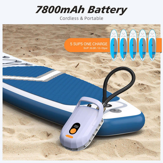 AIRBANK 7800mAh 20PSI SUP electric air pump with rechargeable battery, 12V DC car adapter, inflation and deflation function for paddleboards, surf kites, kayaks, mattresses