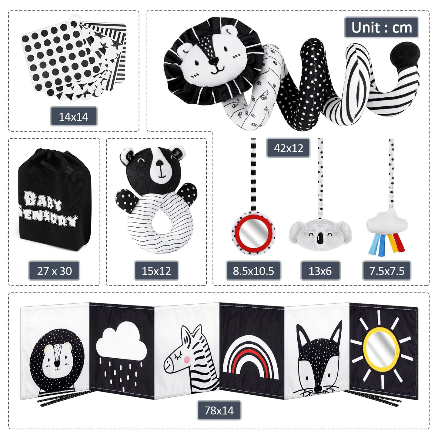 Joyreal Stroller Toy - Black White Toy Fabric Book, Contrast Book Baby, Contrast Cards Baby, Sensory Contrast Toy, Newborn