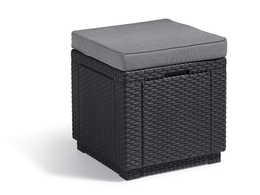 Allibert by Keter Cube Ottoman with Storage, grey, includes cushion, removable lid, flat rattan look, weatherproof, 42x42x39cm