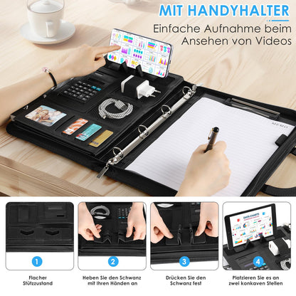 A4 writing case, A4 conference folder with phone holder, leather document folder with zipper, waterproof file folder with ring binder clipboard notepad, portfolio folder for business meeting, black.