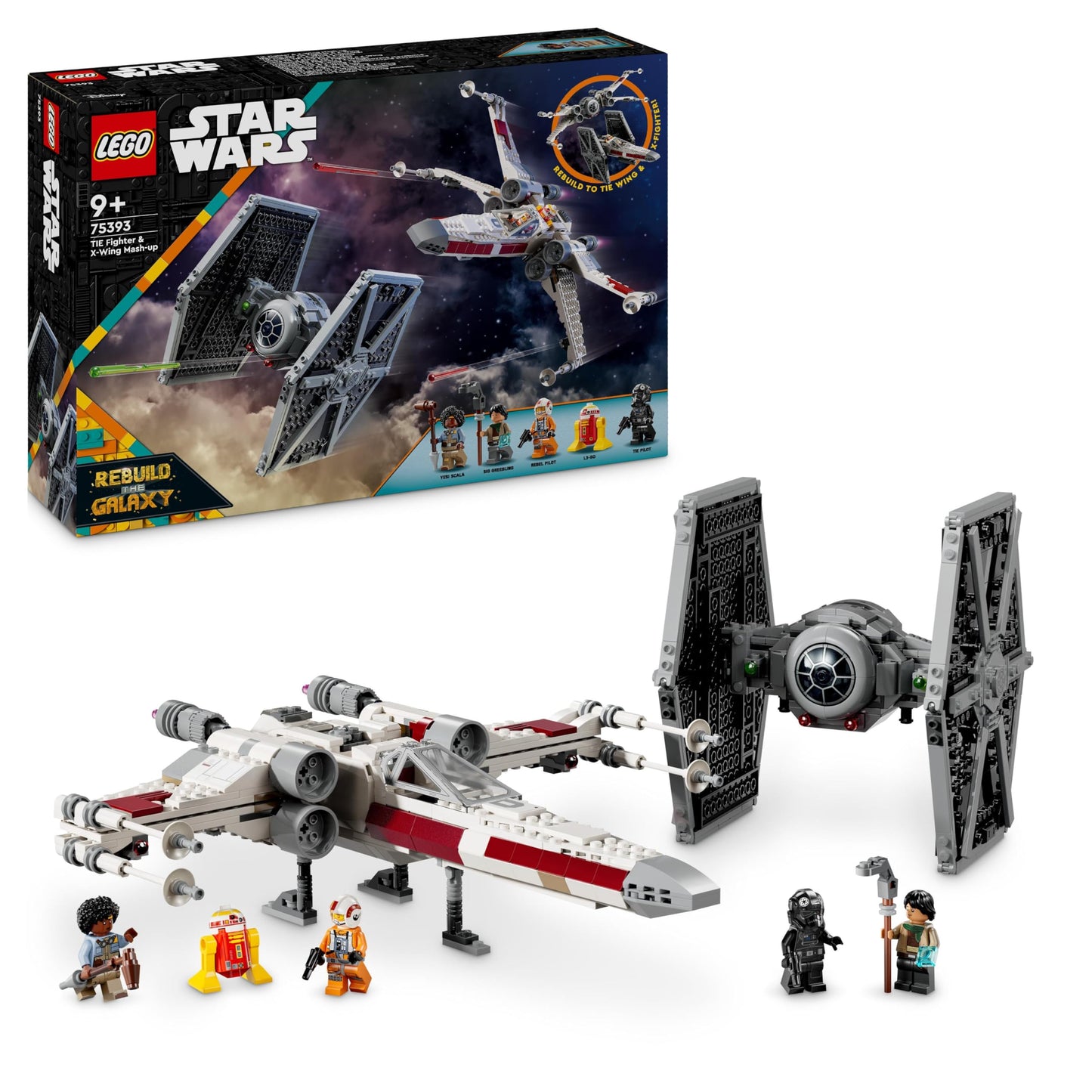 LEGO Star Wars 75393 Mashup of TIE Fighter & X-Wing - Toy with 2 spacecraft, 4 minifigures, and droid figure, creative gift for boys aged 9 and fans