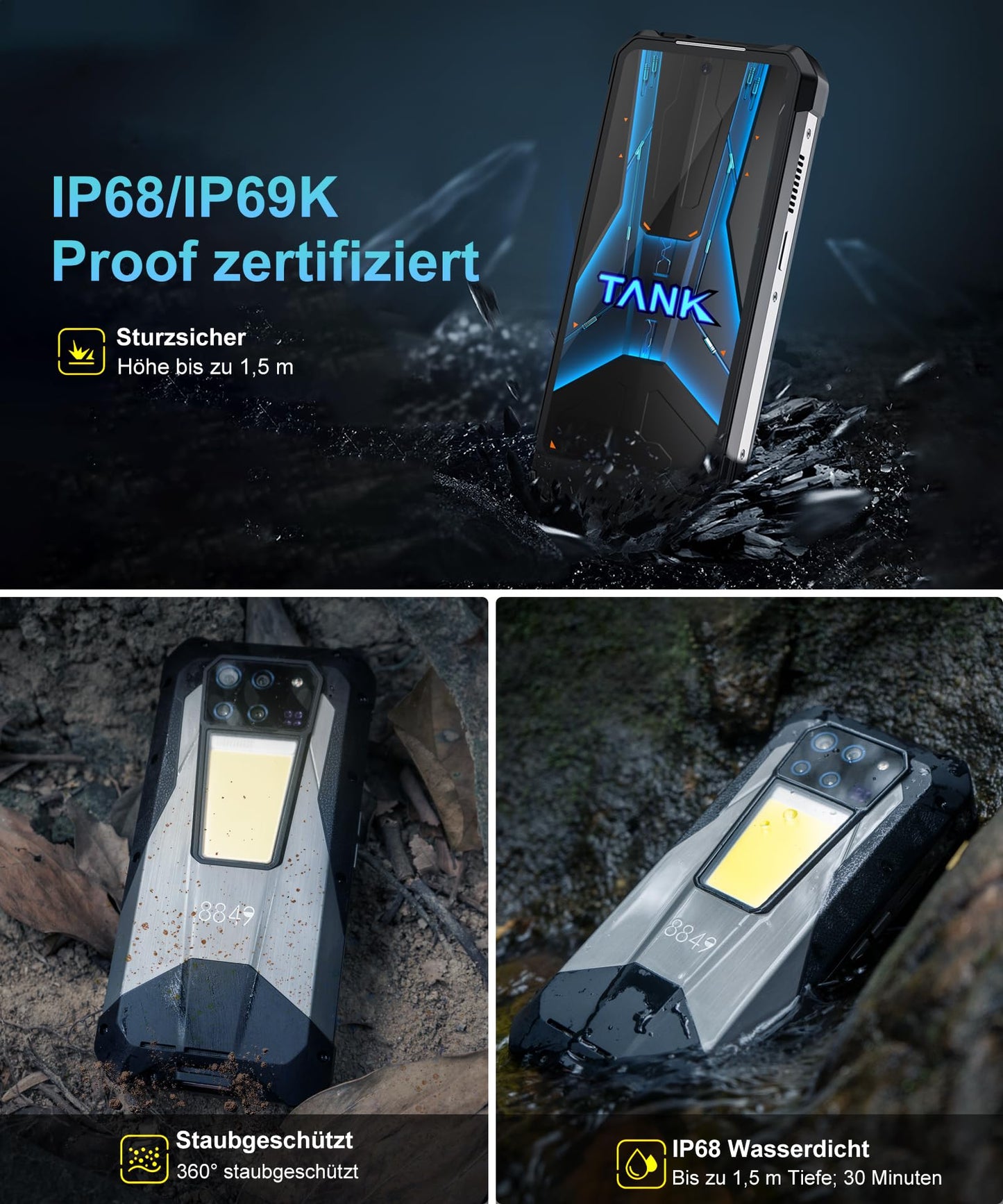 8849 Tank 3 Pro Outdoor Mobile Phone Without Contract, 23800mAh 5G Outdoor Smartphone with Projector, 32GB RAM+512GB ROM, 6.79" Waterproof Android 14 Dual SIM Rugged Smartphone, 2TB Expandable/OTG/GPS