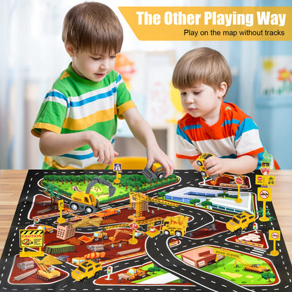 Kizplays 260pcs Car Race Track 6 Cars Excavator Toy from Toy Cars Highway from 3 4 5 6 Years Boys Girls, Flexible Track Crane Games, Electric Car Racing Track for Children Gift