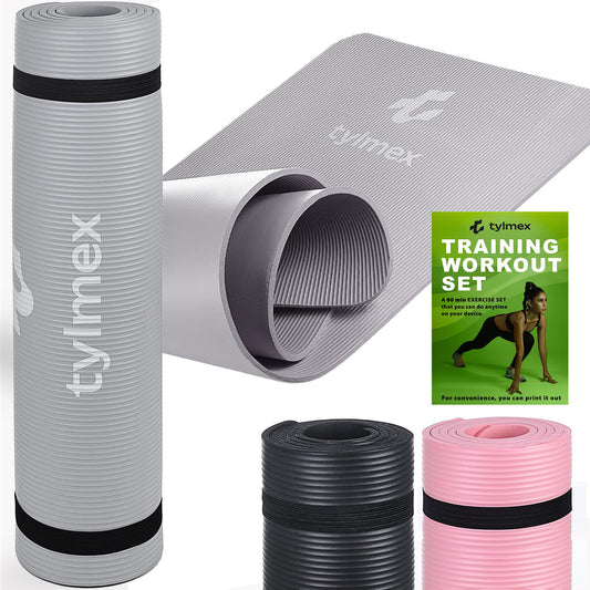 Tylmex non-slip yoga mat 8mm thick | Fitness, Pilates & gymnastics mat for home & outdoor | NBR sports mat with carrying strap & online exercise guide - Gray