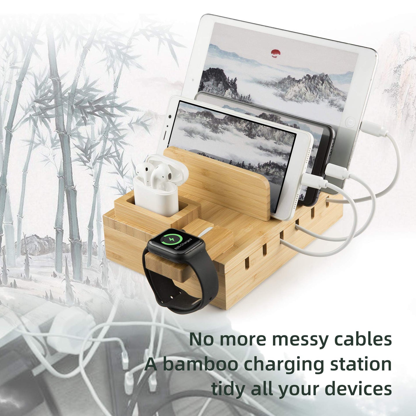 YOJA Bamboo Multi-Device Charging Station, YOJA 5-Port USB Multi-Charging Station, Wood for Phone, Tablet, Watch, Headphones, Earphones, USB Charger with 5 Short Cables, Bamboo Design.
