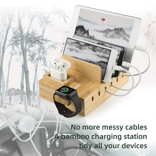 YOJA Bamboo Multi-Device Charging Station, YOJA 5-Port USB Multi-Charging Station, Wood for Phone, Tablet, Watch, Headphones, Earphones, USB Charger with 5 Short Cables, Bamboo Design.
