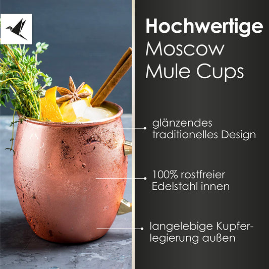 Beyond Moscow Mule Cup Set Copper Cups - Copper cups with straws & gift box I Moscow Mule Copper Cup set with traditionally smooth surface as a gin cup & for cocktails (4-piece set)