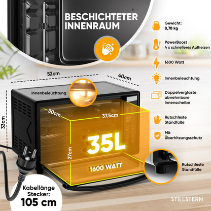 Stillstern Mini Oven with convection (35L) DE Version, Pizza Ø28cm, NEW: CYCLONE PRO+ (non-stick coating), 13 programs, defrosting & keeping warm, 8h timer, recipe book, Mini Oven Pizza Oven Grill