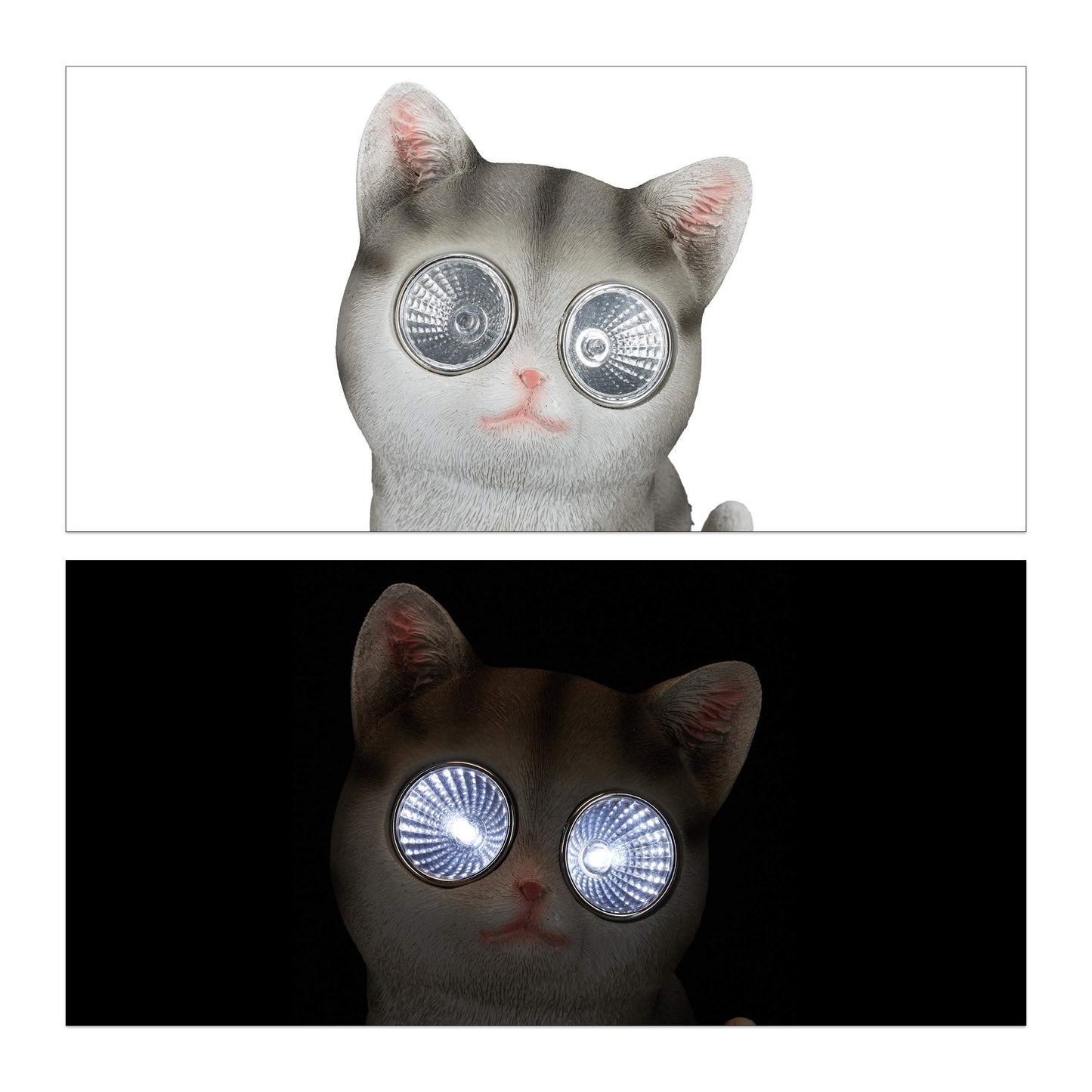 Relaxdays 4 x Garden Figurine Cat, Figure with LED Solar Eyes, Resin, Decoration for Garden, Balcony, HxWxD 23 x 12 x 14 cm, Grey
