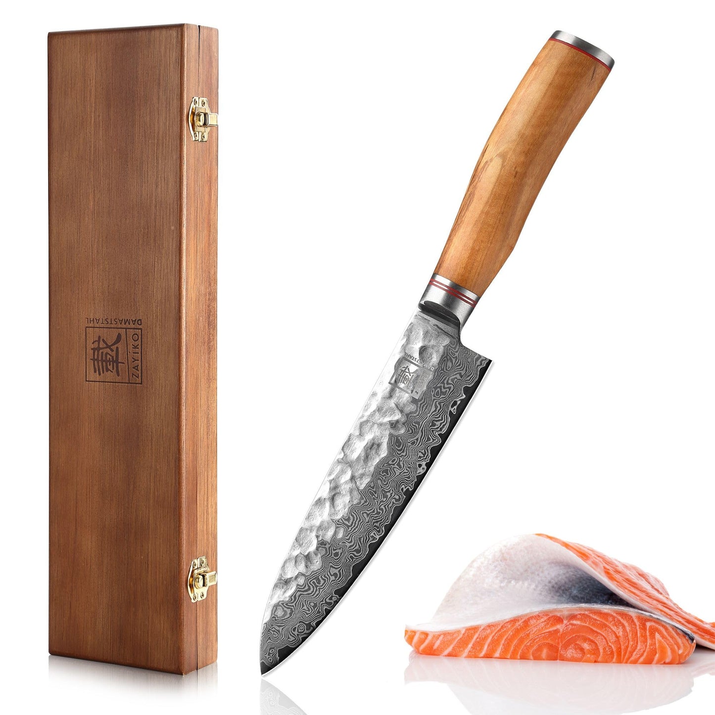 Zayiko Minami Premium Santoku knife with a 17.5 cm blade made of 67 layers of genuine Damascus steel with hammer finish and olive wood handle. Includes wooden box. Ideal for professional chefs and kitchen use.