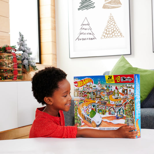 Hot Wheels Advent Calendar - 8 cars and 16 winter accessories behind 24 numbered doors, including a play mat, for kids and fans. HKL74