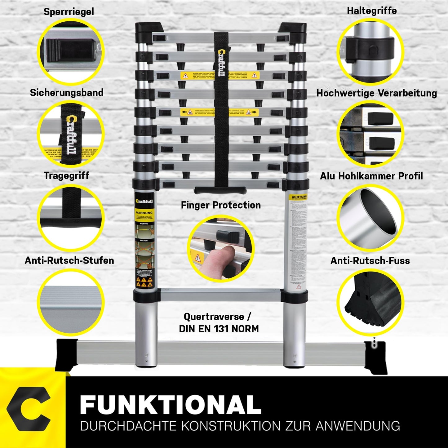 Craftfull Aluminum Telescoping Ladder CF-101A | 3-steps Height Adjustment - Step Ladder - Extendable Ladder - Step Stool - Extension Ladder - Aluminum Straight Ladder with Carrying Bag (10.5 feet)