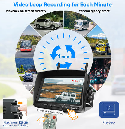 URVOLAX 100% wireless backup camera, 6700mAh rechargeable battery, magnetic mount, DIY installation, 7-inch FHD monitor, video recording for truck, camper, RV, car.