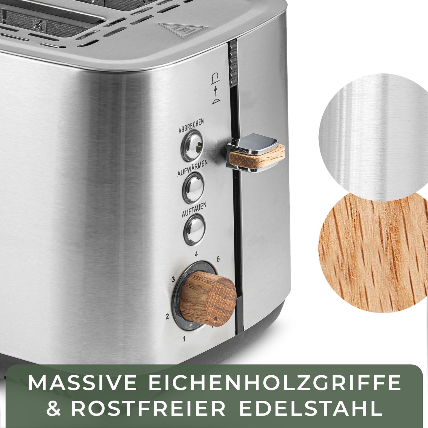 FORESTWORK Design Toaster - made of 304 stainless steel and oak wood - for 2 slices - with bun warming rack - with extra wide and deep toast slots - with crumb tray