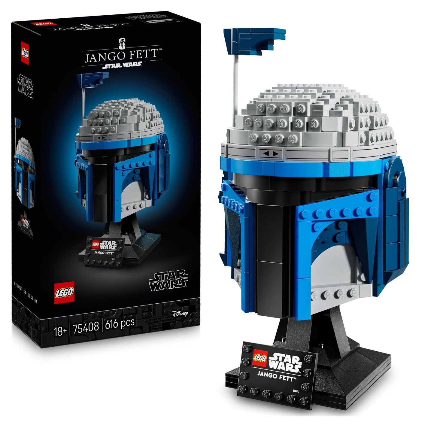 LEGO Star Wars 75408 Jango Fett Helmet - Mandalorian building set for adults - model with stand, name plaque, and adjustable antenna - gift for Attack of the Clones fans.