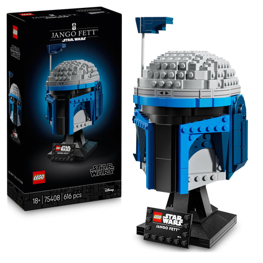 LEGO Star Wars 75408 Jango Fett Helmet - Mandalorian building set for adults - model with stand, name plaque, and adjustable antenna - gift for Attack of the Clones fans.