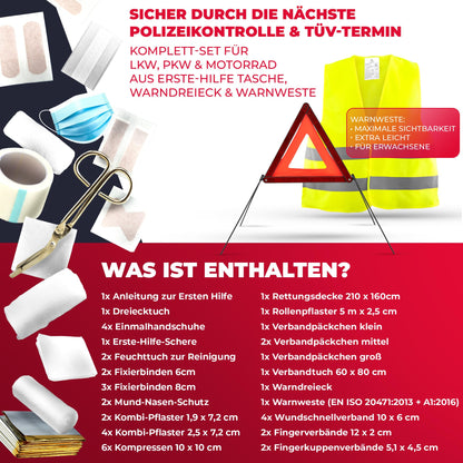 Automotive first aid kit including warning triangle & high-visibility vest until 2029 [EU-compliant] according to DIN 13164:2022. First aid kit, emergency set for car, camper, and home. 100% reliable. Smart Planet.