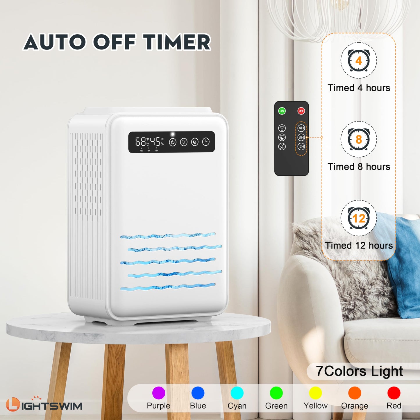 Updated dehumidifier (remote control) for bedroom, 2.8L water tank, 75m², quiet, small dehumidifier for basement, home, bathroom with auto shutdown, LED light in 7 colors.