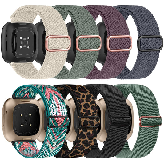 Zspoly 8 Pack Bands Compatible with Fitbit Versa 4 / Fitbit Versa 3 / Fitbit Sense 2 / Sense Sport, Soft Elastic Replacement Nylon Sport Band for Men and Women