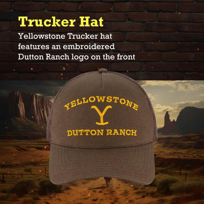 Concept One Adult Unisex Yellowstone Adjustable Mesh Snapback Trucker Hat with Curved Brim Baseball Cap, Brown, One Size.