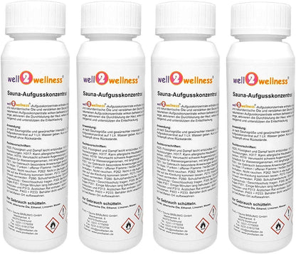 well2wellness® sauna infusion set 4 x 125 ml 'Classic 2' with eucalyptus, mountain pine, mint, Finnish winter + free 10g menthol crystals