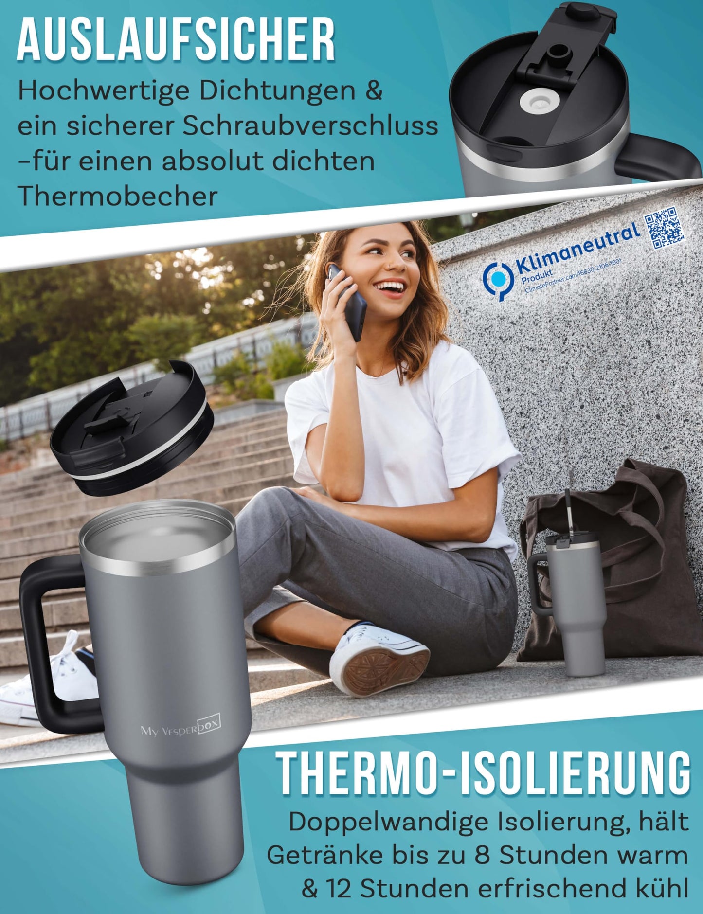 My Vesperbox Kinny Cup - thermos cup - water bottle with straw 500, 950, 1200ml - coffee mug to go - stainless steel thermos bottle BPA & melamine free
