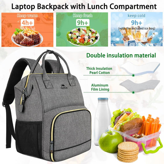 MATEIN Laptop Lunch Backpack, 17 Inch Picnic Backpack for Men and Women with Insulated Cooler Compartment, Waterproof Lunch Cooler Bag with USB Charging Port for Men Business Work Picnic, Gray