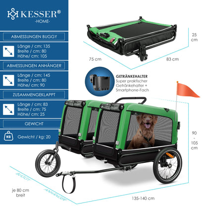 KESSER® Dog Trailer Boxer 3-in-1 Dog Stroller & Jogger Bicycle Trailer large approx. 240 liters volume, sprung, Material: 600D Oxford Canvas, SmartSpace Concept, maximum load capacity: 40 kg