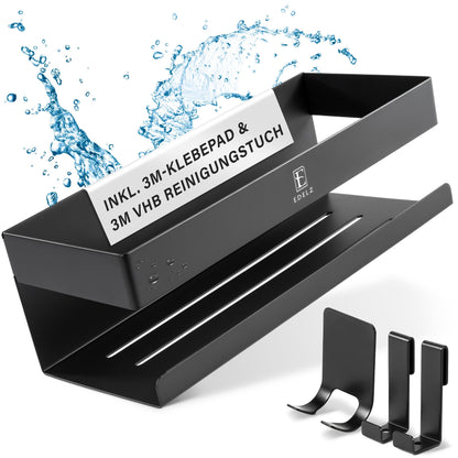 EDELZ® Shower Caddy without drilling - Soap Holder for Shower to stick on made of stainless steel with original 3M adhesive pads, 2 movable hooks, extra razor holder (stainless steel-black)