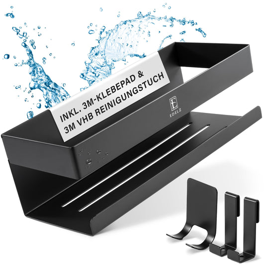 EDELZ® Shower Caddy without drilling - Soap Holder for Shower to stick on made of stainless steel with original 3M adhesive pads, 2 movable hooks, extra razor holder (stainless steel-black)