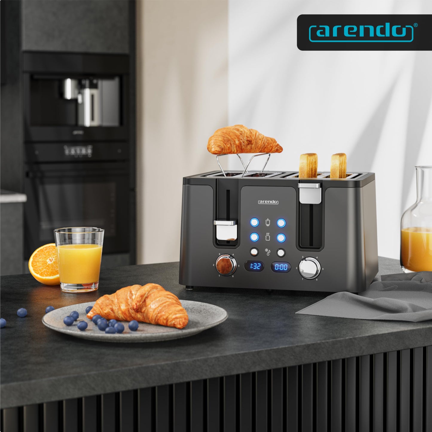 Arendo - 4-Slice Stainless Steel Toaster - with Bun Attachment - 4 Slots - LED Display Countdown Timer - Double-Wall Housing - Defrost Function - Crumb Tray - 6 Browning Levels - Cool Grey Design