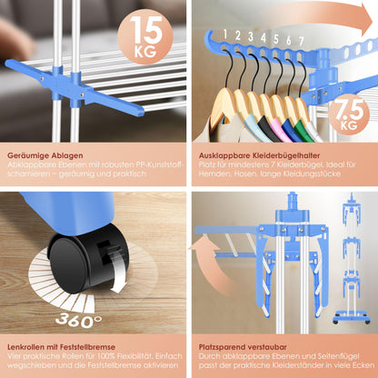 KESSER® Laundry Rack Tower with Wheels Space-saving clothes dryer for indoor & outdoor use 4 levels 2 swiveling side wings and 6 folding levels Standing dryer laundry tower Foldable, incl. Clamps