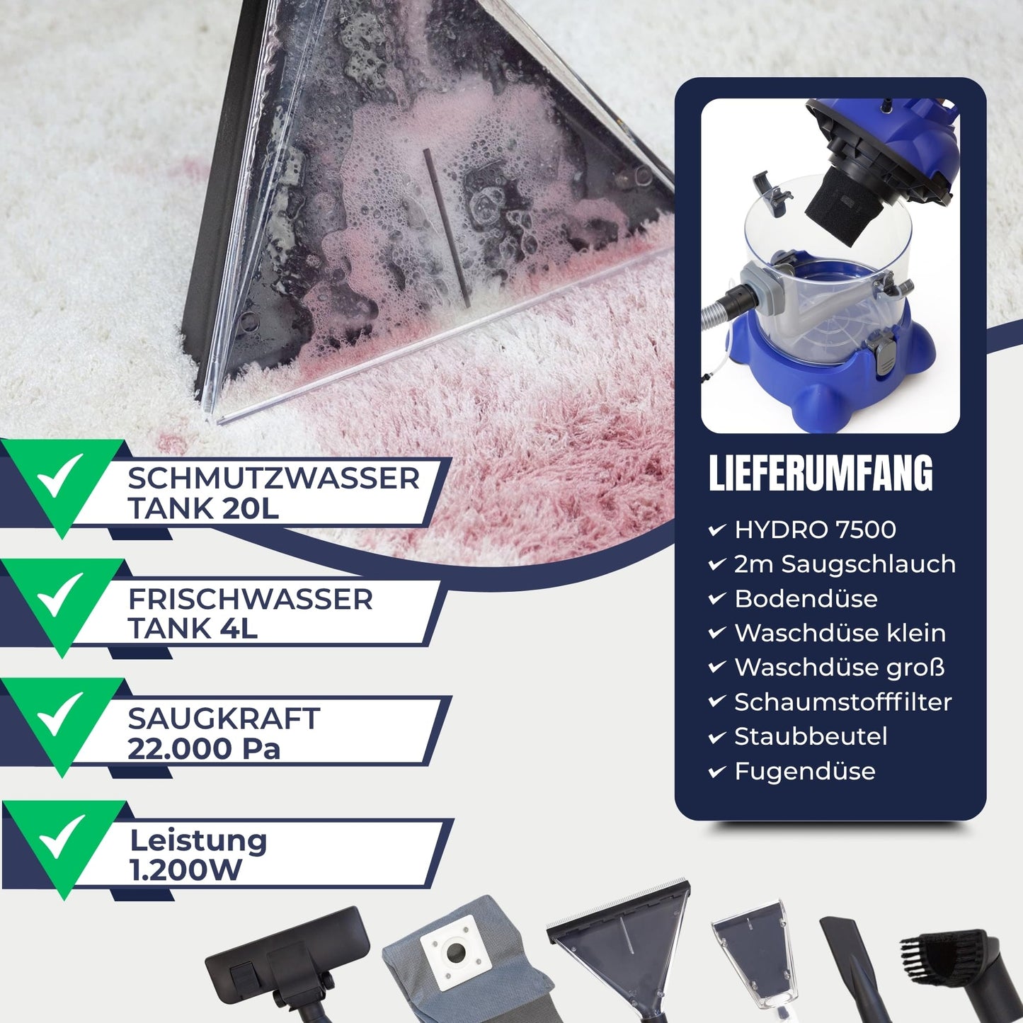 ALBATROS Hydro 7500 carpet cleaner + 2L cleaner - XXL upholstery cleaner, carpet cleaner wet vacuum - 1200 watts, 20l capacity, 22 kPa suction power - Rating: Very Good