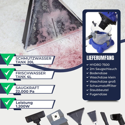 ALBATROS Hydro 7500 carpet cleaner + 2L cleaner - XXL upholstery cleaner, carpet cleaner wet vacuum - 1200 watts, 20l capacity, 22 kPa suction power - Rating: Very Good