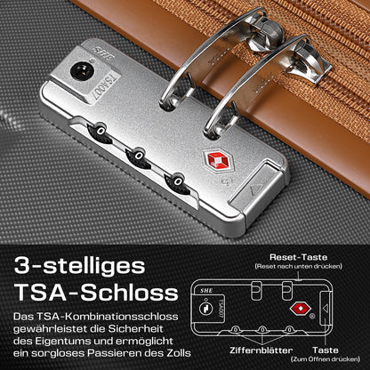 Joyway 5-piece luggage set made of ABS hard shell material. Expandable trolley set with 4 wheels and TSA lock. The luggage set includes 1 travel bag and 1 toiletry bag in grey.