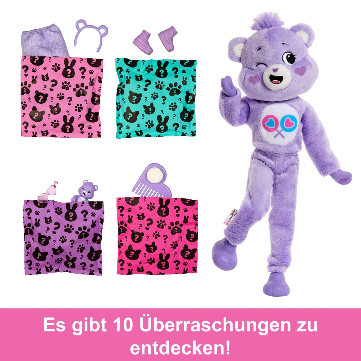 Barbie doll with accessories, Care Bears collection, fashion doll in fuzzy Care Bears costume with 10 surprises, including color change and mini Care Bear, JCN94.