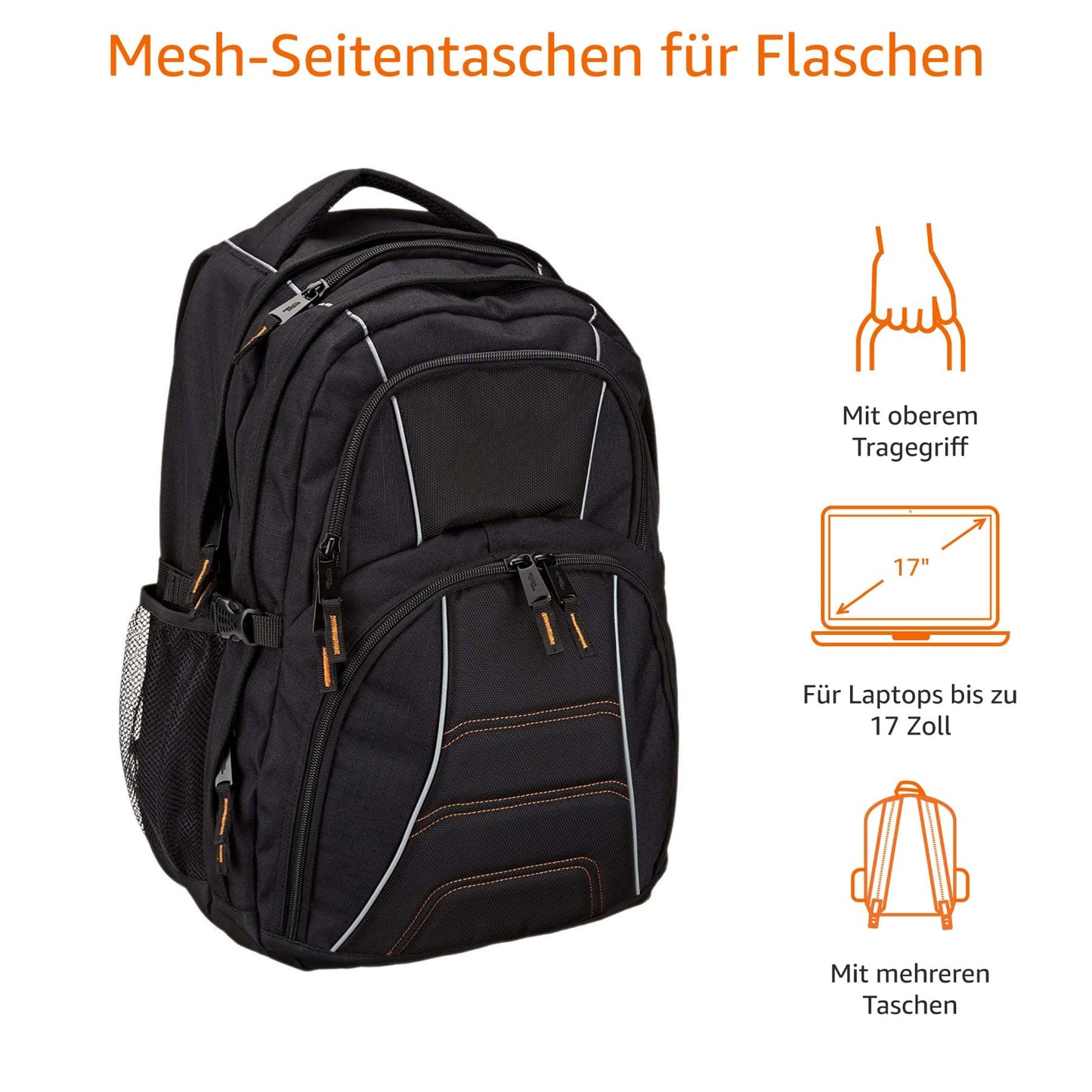 Amazon Basics laptop backpack with padded shoulder straps and storage compartments for pens, keys, phone, suitable for most laptops up to 17 inches, Black.