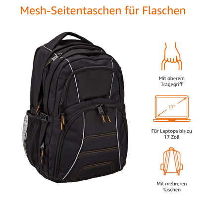 Amazon Basics laptop backpack with padded shoulder straps and storage compartments for pens, keys, phone, suitable for most laptops up to 17 inches, Black.