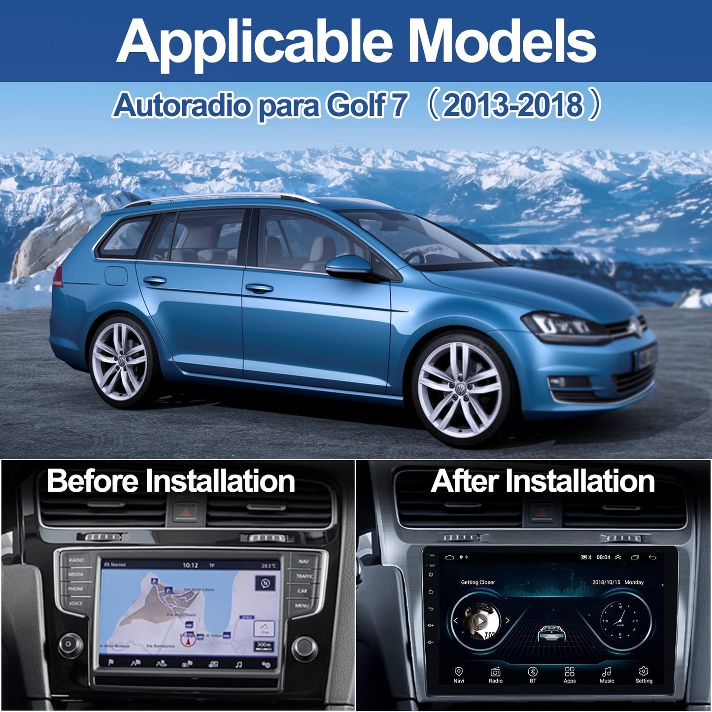 CAMECHO Android car radio with navigation for VW Golf 7 2013-2018, double din car radio 10 inch screen with Bluetooth and USB WiFi FM/RDS MirrorLink + rear view camera