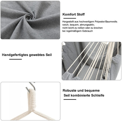 Hammock Chair Large hammock swing, 110 x 150cm Holds up to 150kg, Cotton hanging chair Hardwood spreader bar Wide seat swing chair