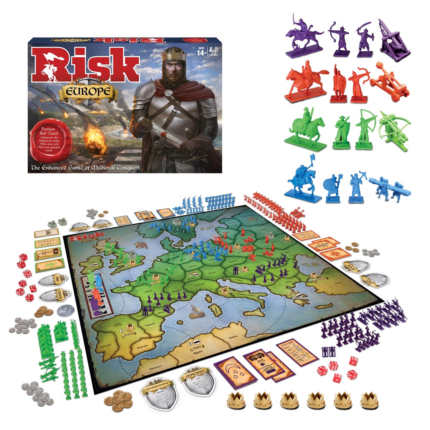 Winning Moves Risk game, Medieval European strategy, 2-4 players, Ages 14+, Blue.